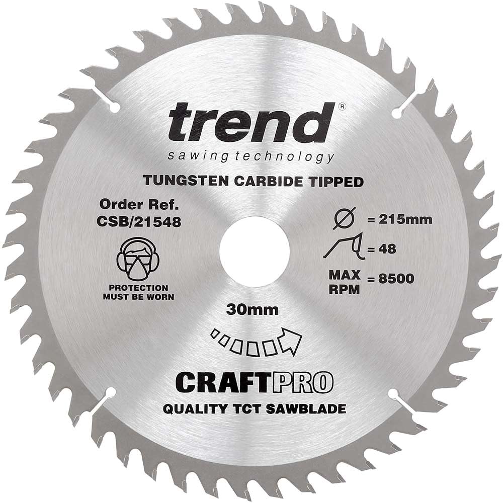 Trend Wood Circular Saw Blade, 215mm Diameter, 30mm Bore, 48 Teeth, 2.6mm Kerf, +15ยฐ Hook, TCT, Fine Finish, CSB/21548 โ image 1