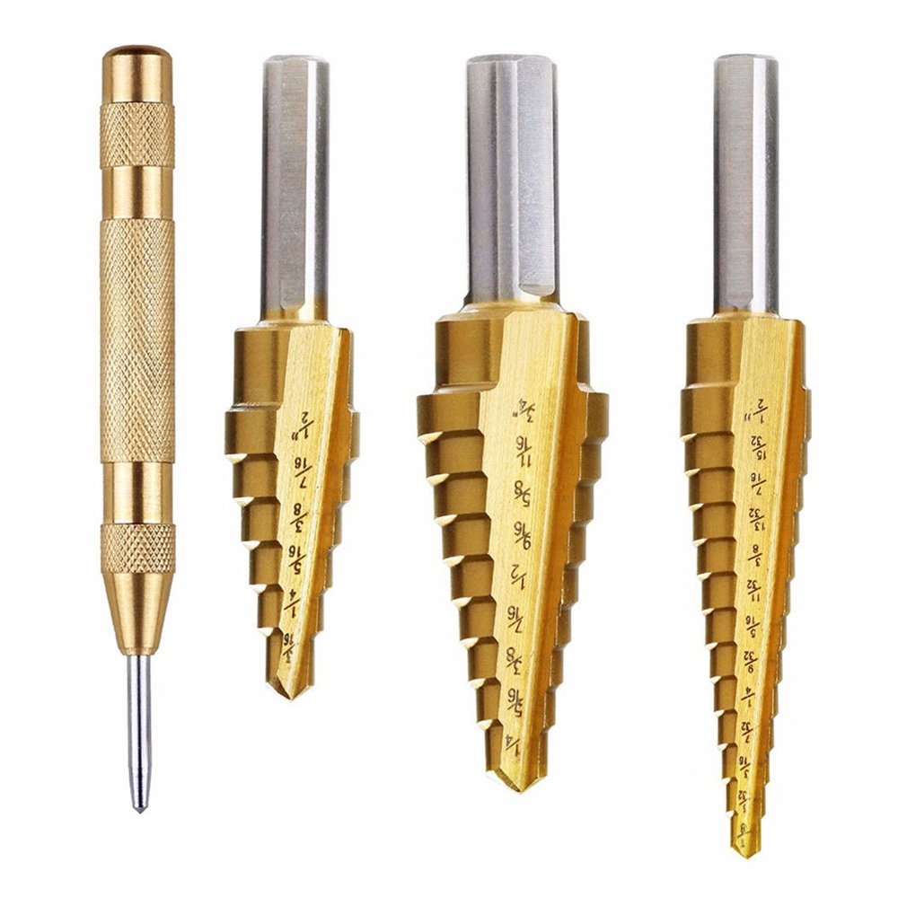 NUZAMAS Set of 3 HSS Titanium Step Drill Bit Set with Automatic Center Punch | High Speed Steel | Total 28 Sizes 118°Split Point Tip Design