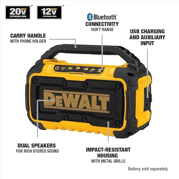 DEWALT 20V MAX BLUETOOTH SPEAKER, 100 FT RANGE, DURABLE FOR JOBSITES, PHONE HOLDER INCLUDED, LASTS 8-10 HOURS WITH SINGLE CHARGE (DCR010)