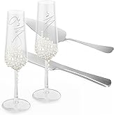 DIYDOFUN Mr and Mrs Champagne Flutes and Cake Knife Server Set, Wedding Toasting Glasses with Pearls – Bride and Groom Gifts for Engagement Anniversary Bridal Shower Ceremony