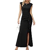 Missufe Women's Cap Sleeve Round Neck Ruffle Split Bodycon Mermaid Evening Gown Cocktail Formal Maxi Dress