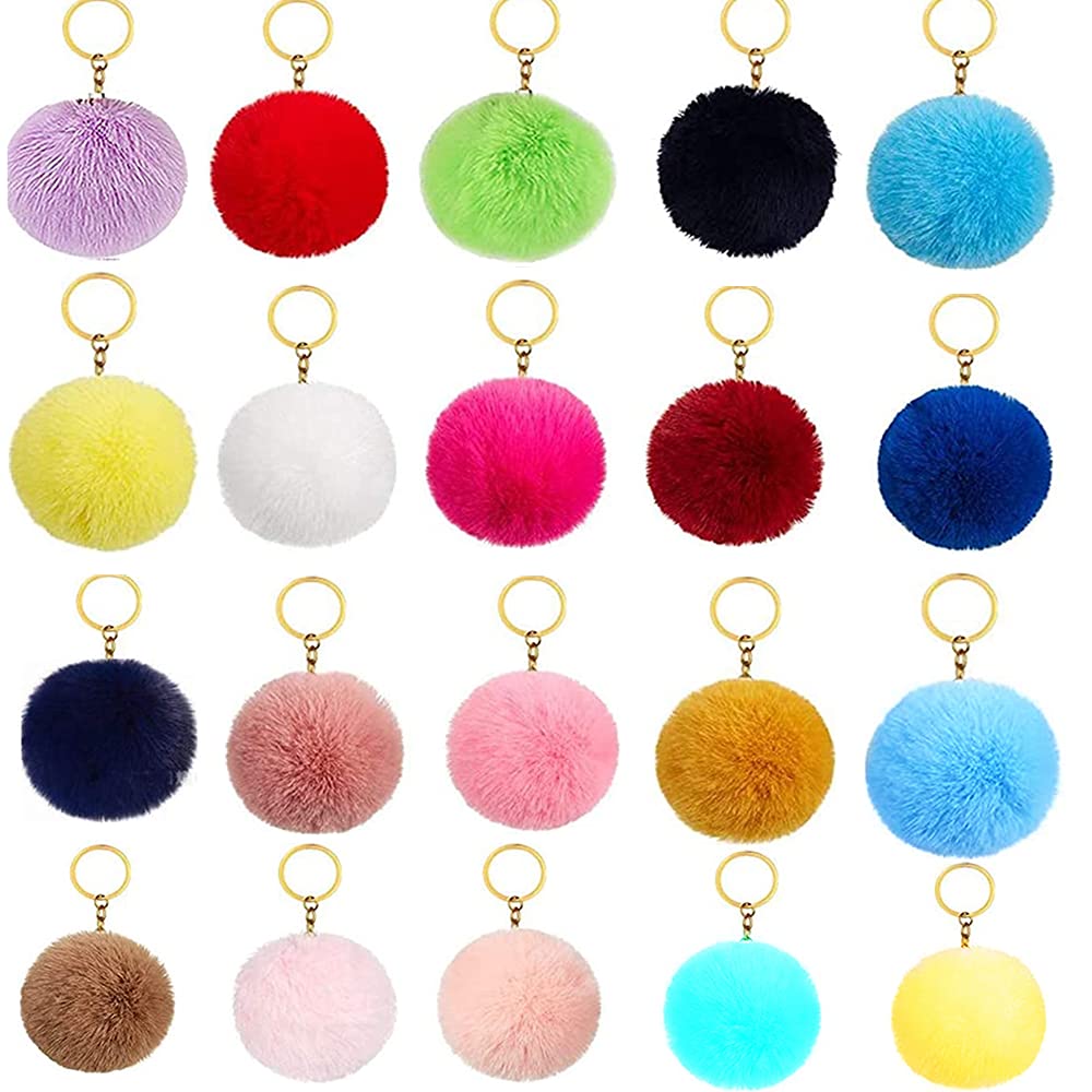 Bkrdty Pompoms Keychain 20 pieces Pom Pom Fluffy Keyring Multicolor Keyfob Faux Fur Balls for Girls Women Hats Shoes Bags