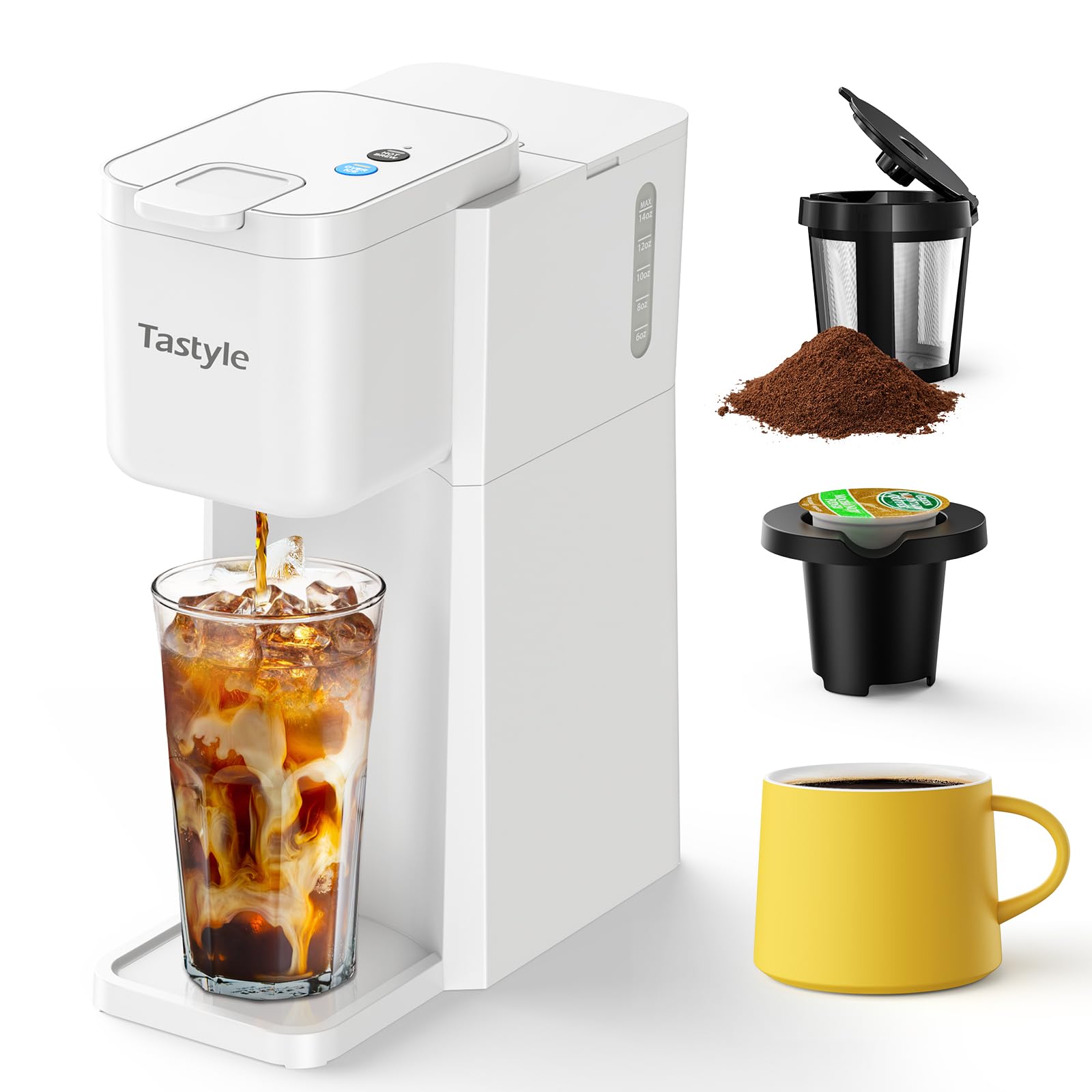 Photo 1 of Tastyle Mini Hot and Iced Coffee Maker Single Serve, for K Cup and Ground, 6 to 14 Oz Brew Sizes, with Recipe Book, for Home, Travel, RV, Office and Dorm, Pearl White