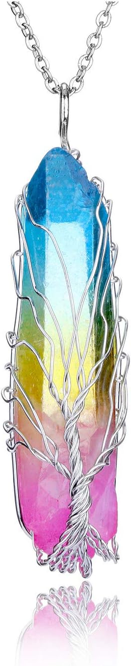 JOVIVI Natural Rainbow Quartz Tree of Life Healing Crystal Gemstone Irregular Rock Stone Chakra Pendant Necklace Silver Wire Wrap Gemstone Necklace Jewellery for Women