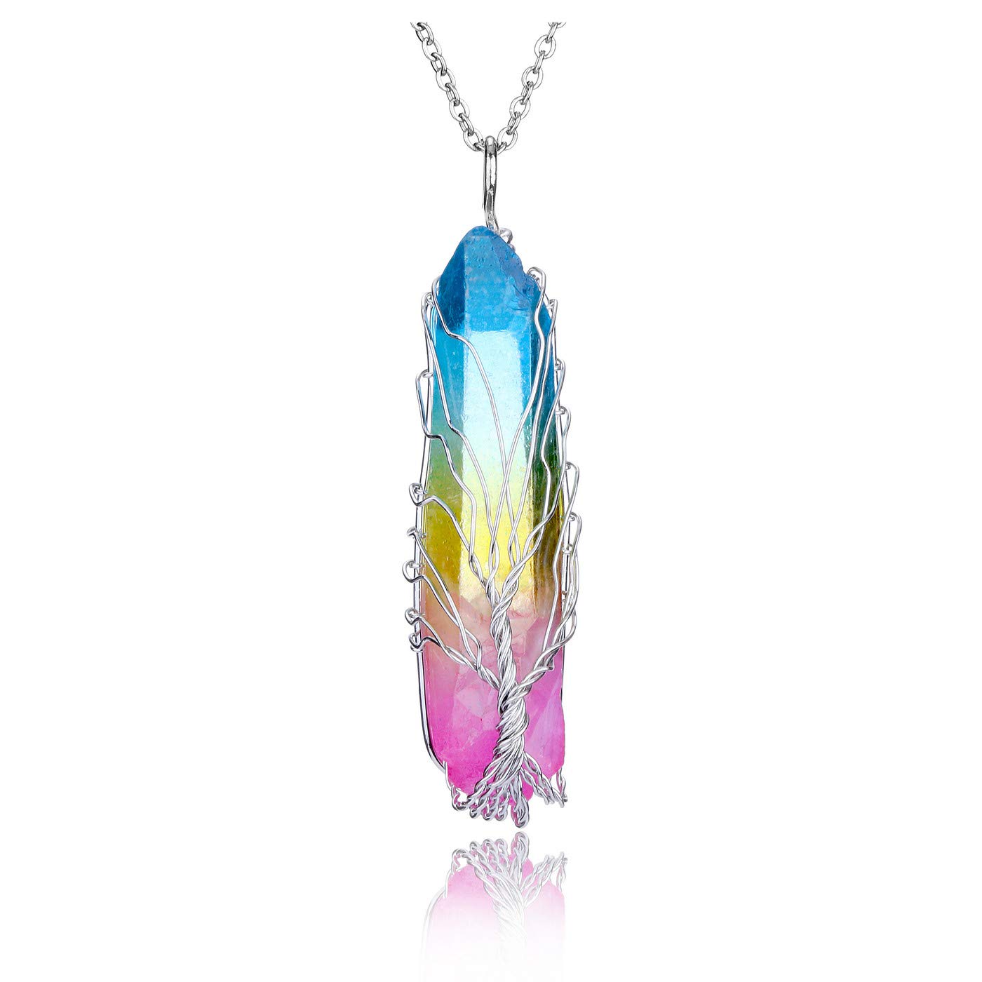 JOVIVI Natural Rainbow Quartz Tree of Life Healing Crystal Gemstone Irregular Rock Stone Chakra Pendant Necklace Silver Wire Wrap Gemstone Necklace Jewellery for Women