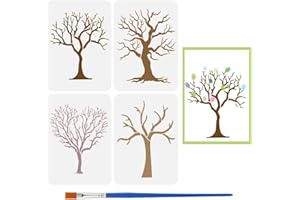 FINGERINSPIRE 4Pcs Tree Branches Painting Stencil with a Paintbrush A4 11.7x8.3inch Plastic Reusable Tree Trunk Art Stencils Plant Theme Stencils for Painting on Wood Wall Floor Fabric Furniture