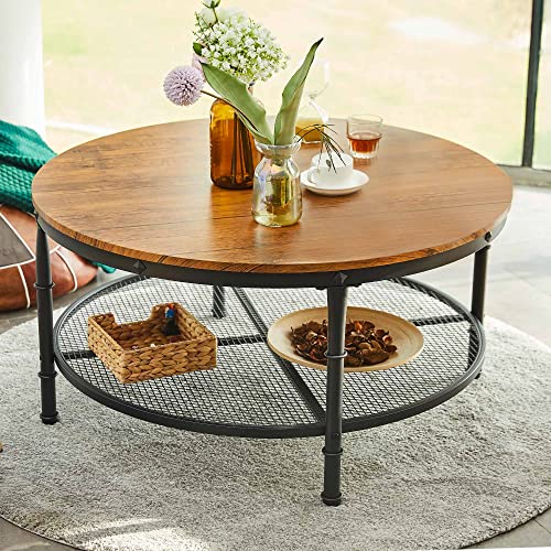 VONLUCE 36" Round Coffee Table with Metal Storage Shelf, Rustic Dual