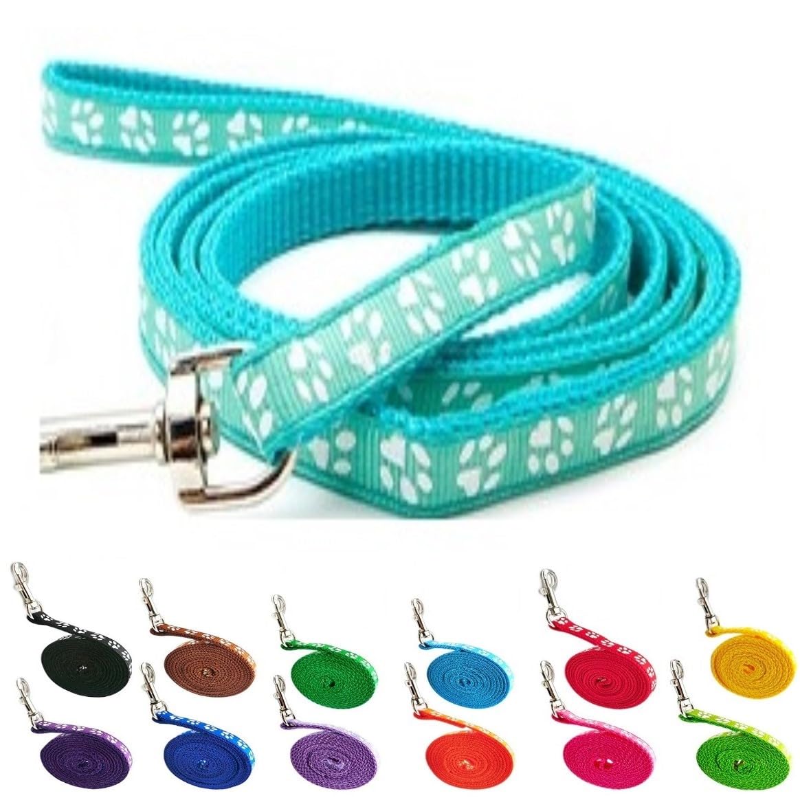 Small Dog Puppy Pet Cat Kitten Lead Pawprint Design Lightweight Nylon Metal Clip 120cm Leash Aqua Blue Turquoise