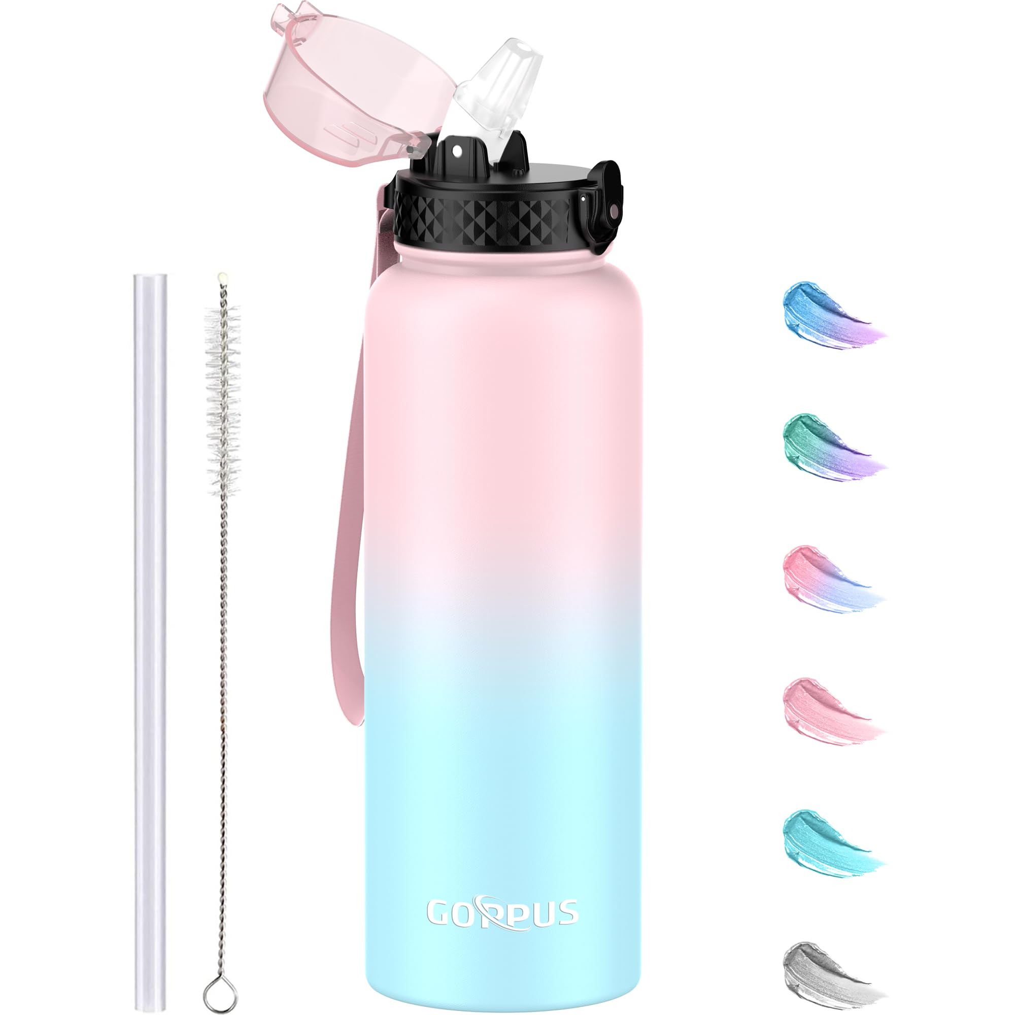 GOPPUS 1.2L/40oz Stainless Water Bottle with Straw Double Wall Insulated Bottles with Strap Large Vacuum Thermal Flask Leakproof Keep Cold Drinks Bottles with Flip Top Lid for Men Women BPA Free — image 1