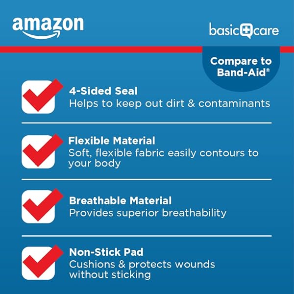 AMAZON BASIC CARE FLEXIBLE FABRIC ADHESIVE BANDAGES, FIRST AID AND WOUND CARE SUPPLIES, ASSORTED SIZES, 100 COUNT