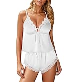 Kolagri Sexy Satin Pajama Set for Women Lace Lingerie Bow Ties Slip Sleepwear Cami Shorts Set Nightwear S-XXL