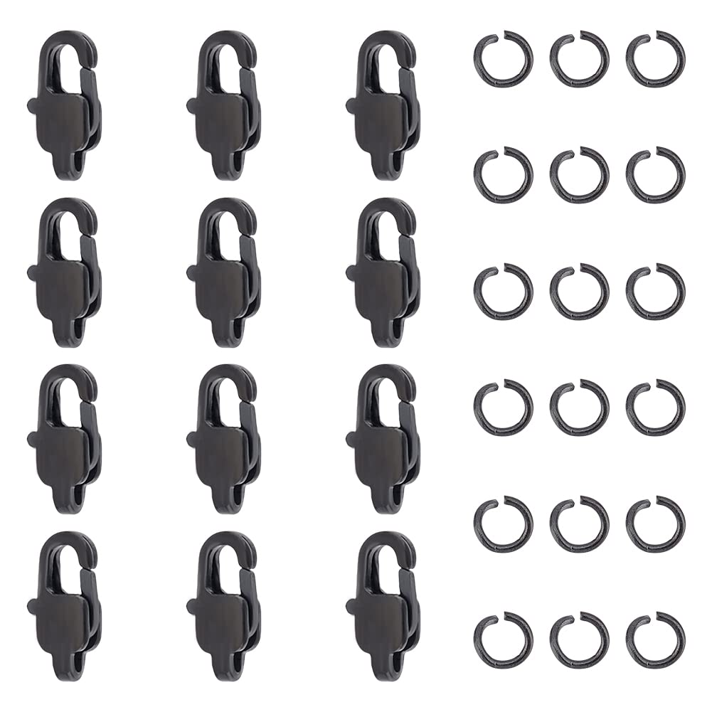 UNICRAFTALE 12 Pcs Ion Plating Stainless Steel Lobster Claw Clasp with 20Pcs Open Jump Ring Black Metal Lobster Clasps Connector Clasp for DIY Craft Bracelet Jewellery Making Hole 1.5mm
