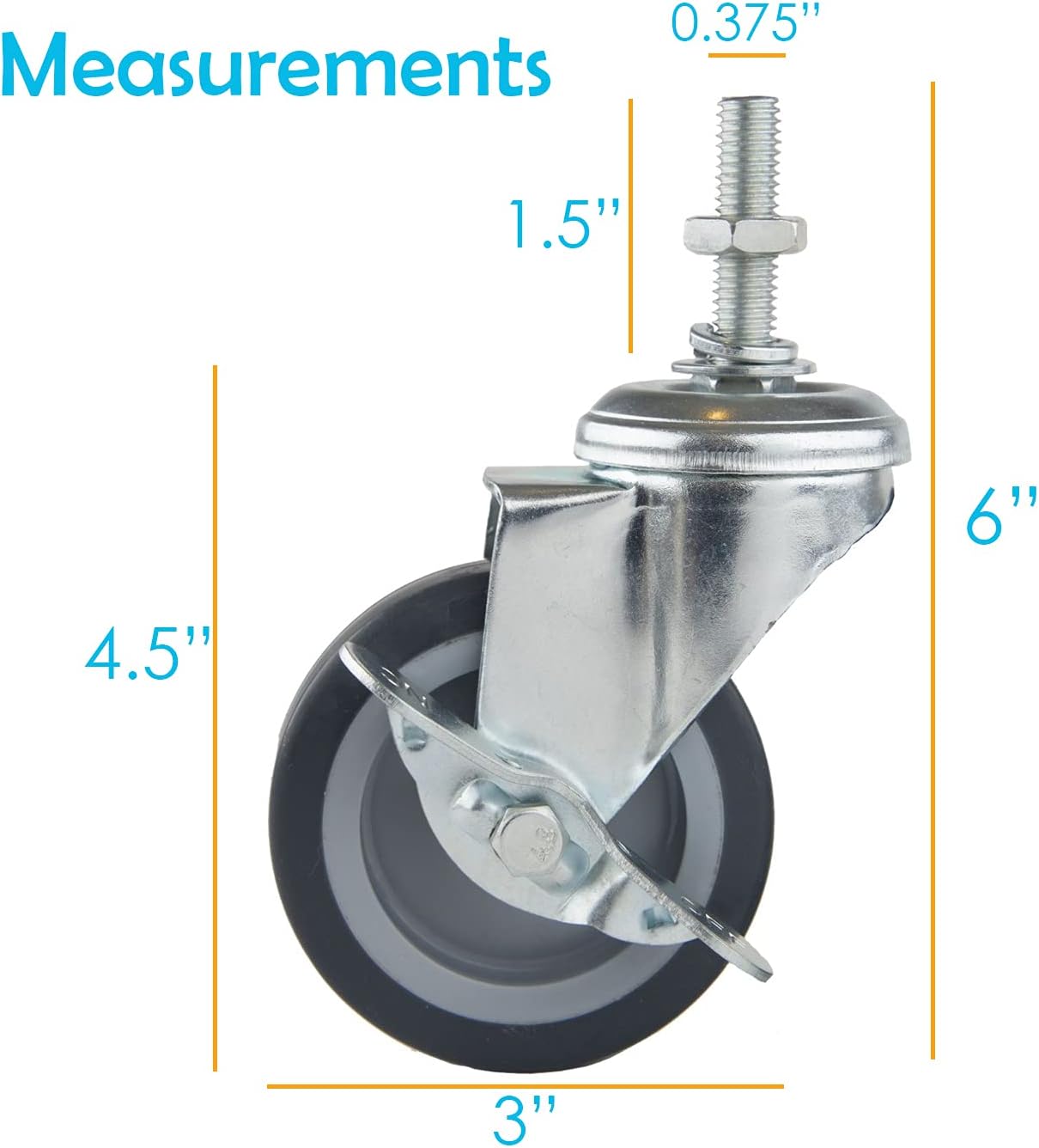 Houseables Caster Wheels, Casters, Set of 4, 3 Inch, Rubber, Heavy Duty, Threaded Stem Mount Industrial Castors, Locking Metal Swivel Wheel, Replacement For Carts, Furniture, Dolly, Workbench, Trolley: Home Improvement