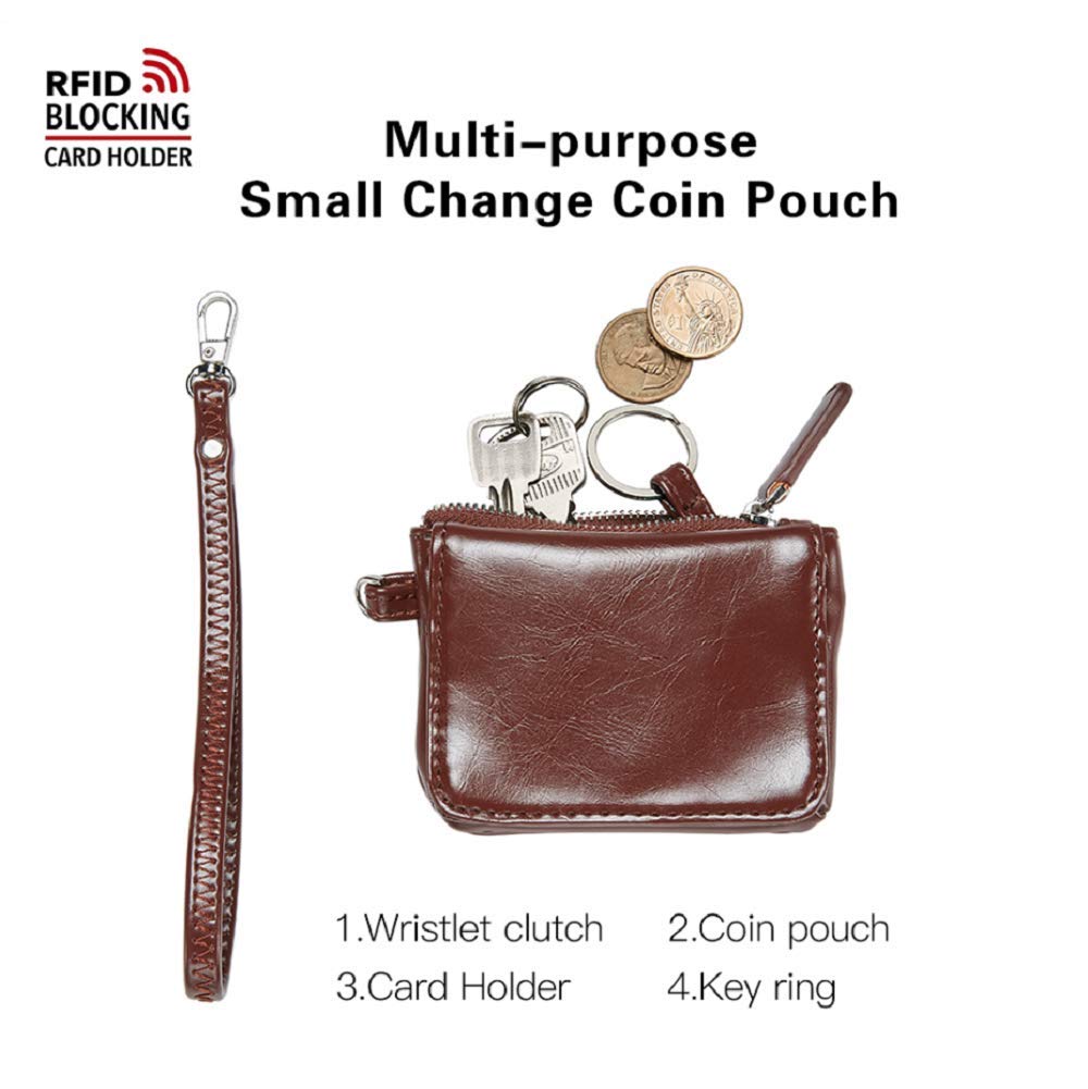 Womens Small Wristlet Leather Coin Purse, RFID Blocking Credit Card Wallet Case (Coffee)