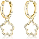 Reffeer Solid 925 Sterling Silver Flower Hoop Earrings Dangle for Women Teen Girls CZ Flower Drop Earrings Huggie Dangle Earrings