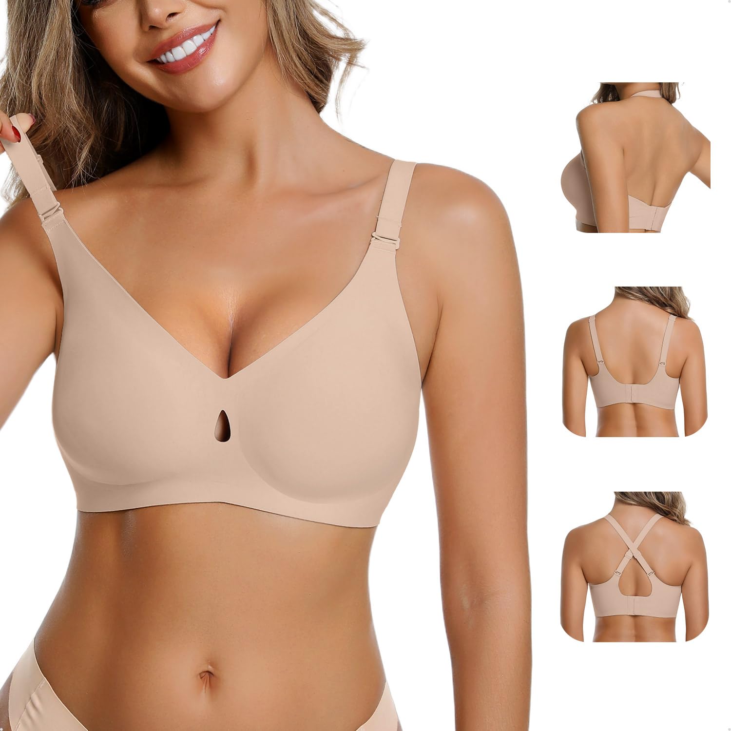 Photo 1 of MEDIUM-LUCKMEEY Bras for Women No Underwire Wireless Bras Removable Straps (U/Halter/Cross) Push Up Seamless T-Shirt Bra