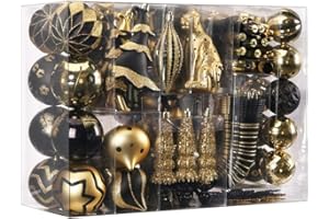 SHareconn 145pcs Christmas Balls Ornaments Set, Shatterproof Plastic Baubles Snowflakes, Xmas Tree Holiday Wedding Party Decorations with Hanging Strings, Gold and Black
