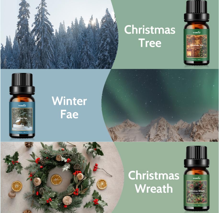 Essential Oils Set, Winter Scents Fragrance Oil Essential Oils for Diffuser Aromatherapy Oils - Gingerbread, Sugar Cookies, Harvest Spice, WinterFae, Christmas Tree, Christmas Wreath, 6x10ml