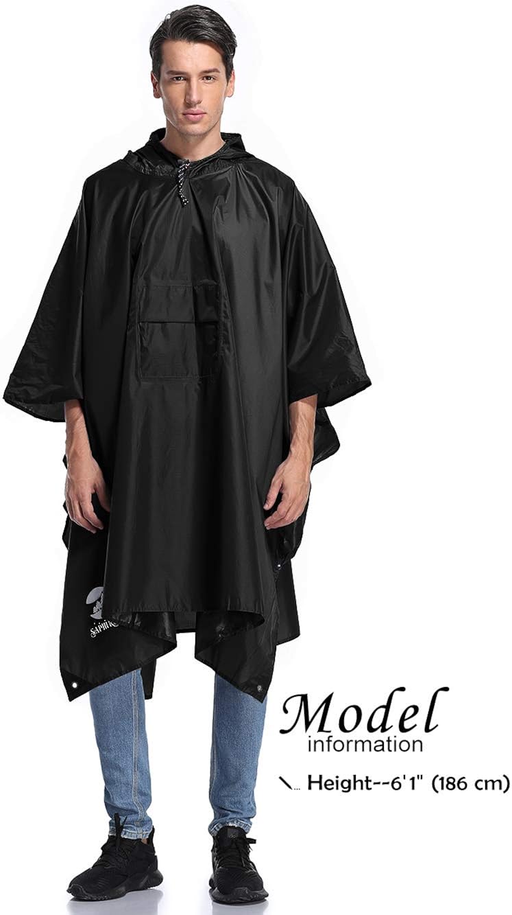 Multifunctional Mens Womens Rain Poncho Waterproof Outdoor Raincoat(Black): Clothing
