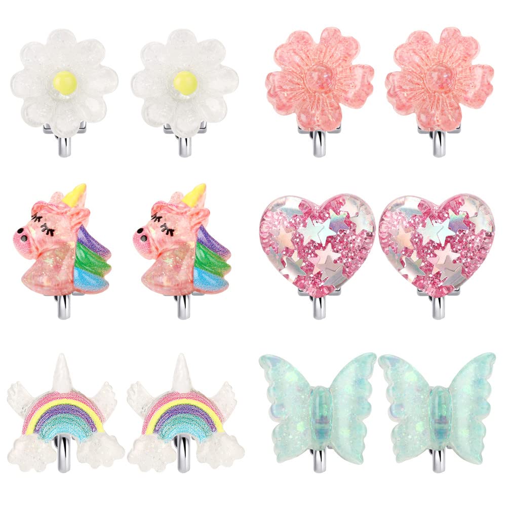 6Pairs Crystal Unicorn Clip On Earrings for Little Girls, Rainbow Clip-on Jewelry Butterfly Earrings Toddler Girls Dress Up Jewelry