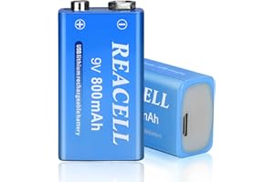 REACELL 2 Pack USB 9V Rechargeable Batteries, 800mAh High Capacity 9 Volt Lithium Batteries for Smoke Detector, Microphone
