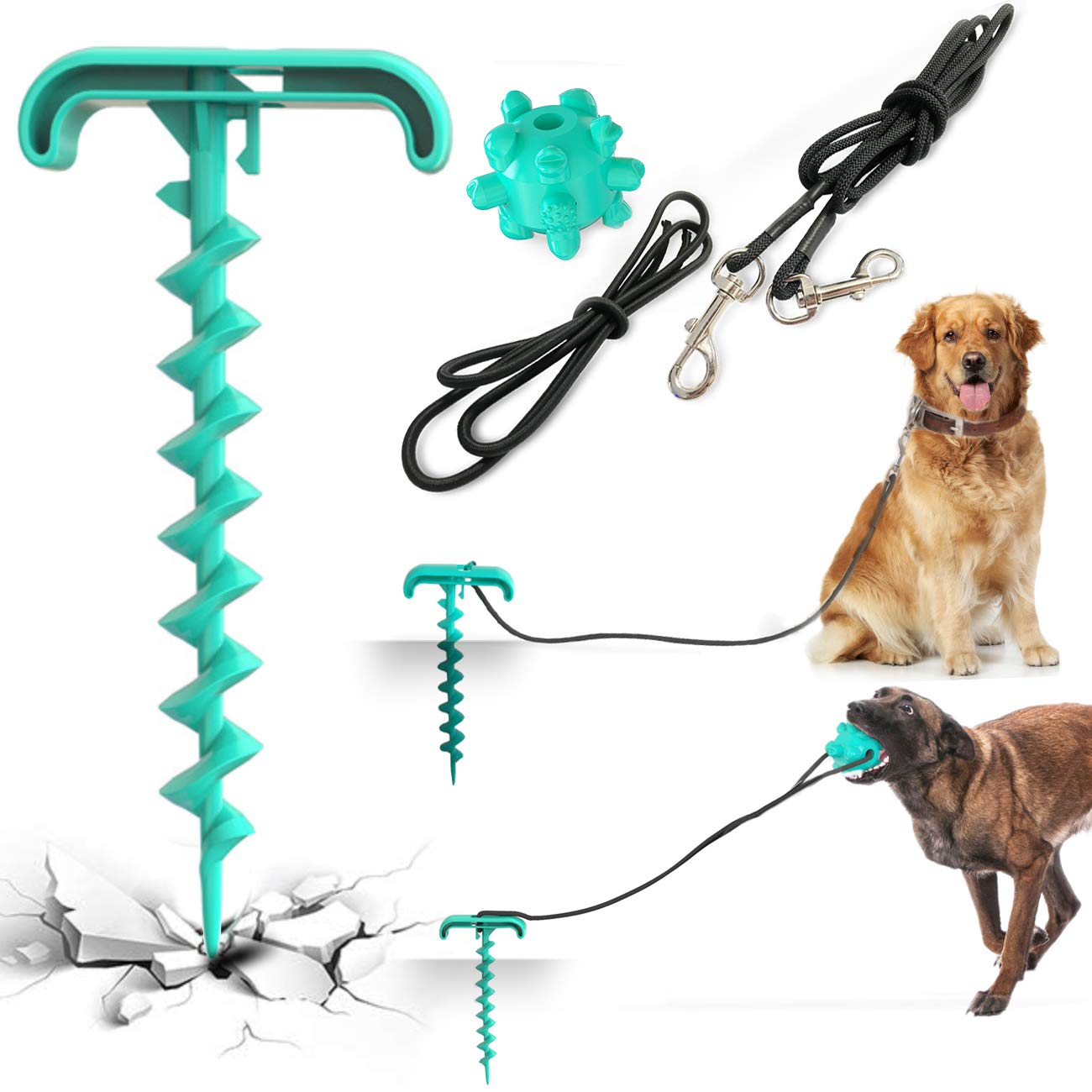 Dog Tie Out Cable and Stake, Dog Spike Stake in Ground, Dog Lead Leash Sturdy Spiral Ground Anchor with Dog Chew Molar Ball Toy and Dog Elasticity Dog Chain for Camping Backyard