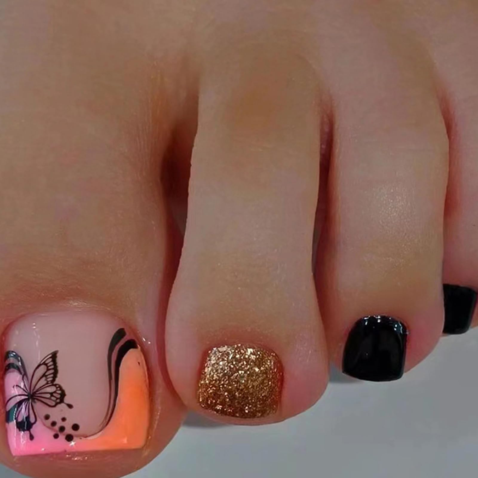 Ceboic 24Pcs French False Toenails Tips, Square Short Glossy Black Yellow Press on Toenails Butterfly Designs Stick on Toenails, Summer Acrylic Full Cover Fake Toenails for Women Girls Nail Art