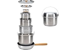 KingCamp Camping Cookware Set 304 Stainless Steel Campfire Cooking Pots Pan and Kettle with Travel Tote Bag for Camping Outdoor Kitchen Cooking Picnic for 4-6