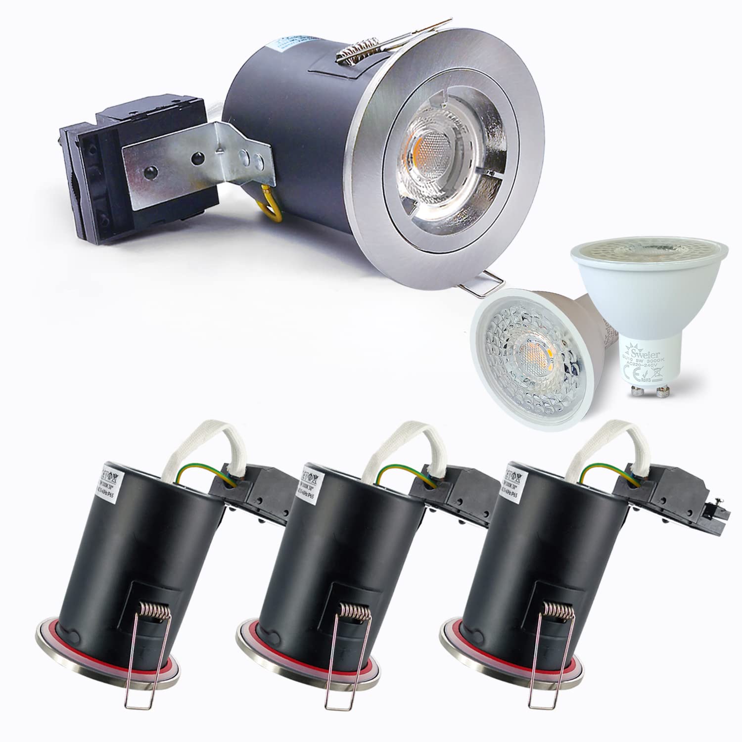 4XSweier 90 Minute Fire Rated GU10 LED Downlight, IP20 Recessed Ceiling Lights, 5W 3000K Warm White Spotlight Satin Nickel.