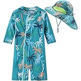 Toddler Baby Boys Swimsuit Rashguard One Piece Zipper Bathing Suit with Sun Hat Infant Swimwear Sunsuit UPF 50+