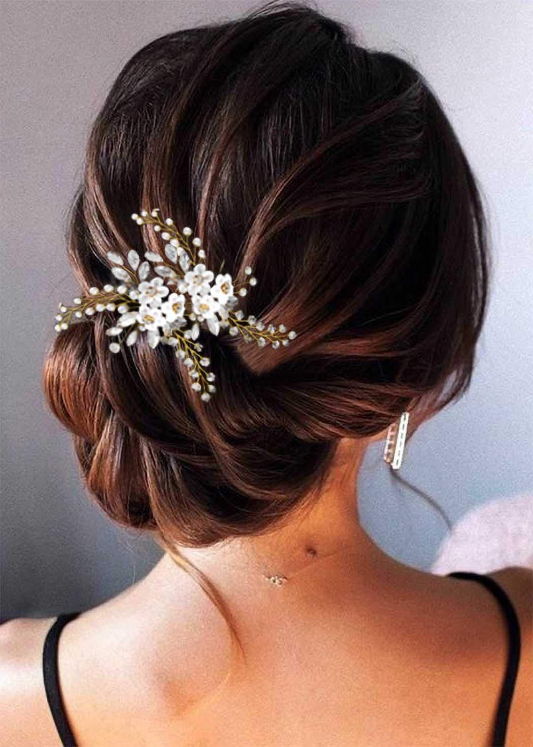 IYOU Wedding HairPin Flower Headpiece Gold Crystal Hair pin Pearl Bridal Wedding Hair Accessories for Women and Girls