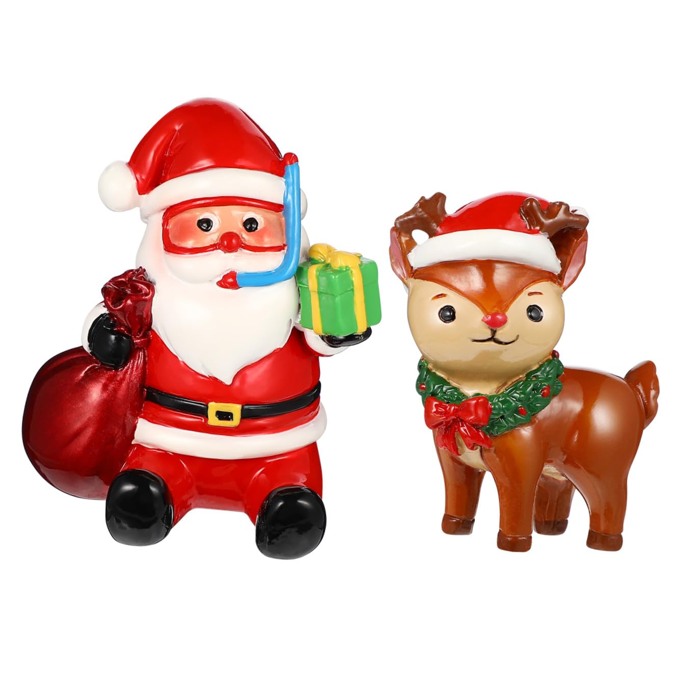 2Pcs Christmas Aquarium Decorations- Resin Fish Tank Decoration Santa Claus Reindeer Micro Landscape Ornaments for Holiday Fish Tank Supplies Table Decor