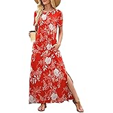 Women Summer Round Neck Fashion Short Sleeve Casual Long Dress Split Beach Maxi Dress with Pockets