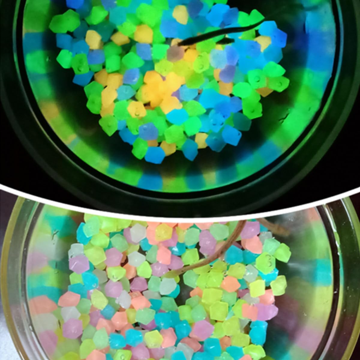 KARLOR Colorful Glowing Stones, 500 Pcs1cm Fluorescent Stone Decoration Glowing Stones Mini Garden Decoration Small Diamond Stones Pebble Stones for Aquarium Gardening Decorative Stones Aquascape