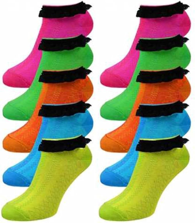 12 Pairs Ladies/Womens Trainer Socks Neon with Black Frilly Lace Trim