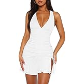 Women Sexy Halter Deep V Neck Ruched Bodycon Dress Summer Side Slit Mesh Hem Cocktail Club Party Short Mini Dresses