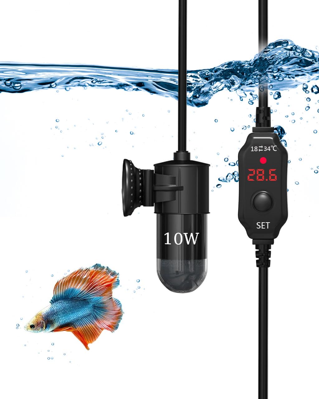 KINGYEENUO 10W Submersible Aquarium Heater, for 1-1.5 Gallon Tank, Adjustable for Fish Turtle Tank, with Built-in Digital Display Thermometer, USB 5V 2A Powered Water Heater, Memory Function