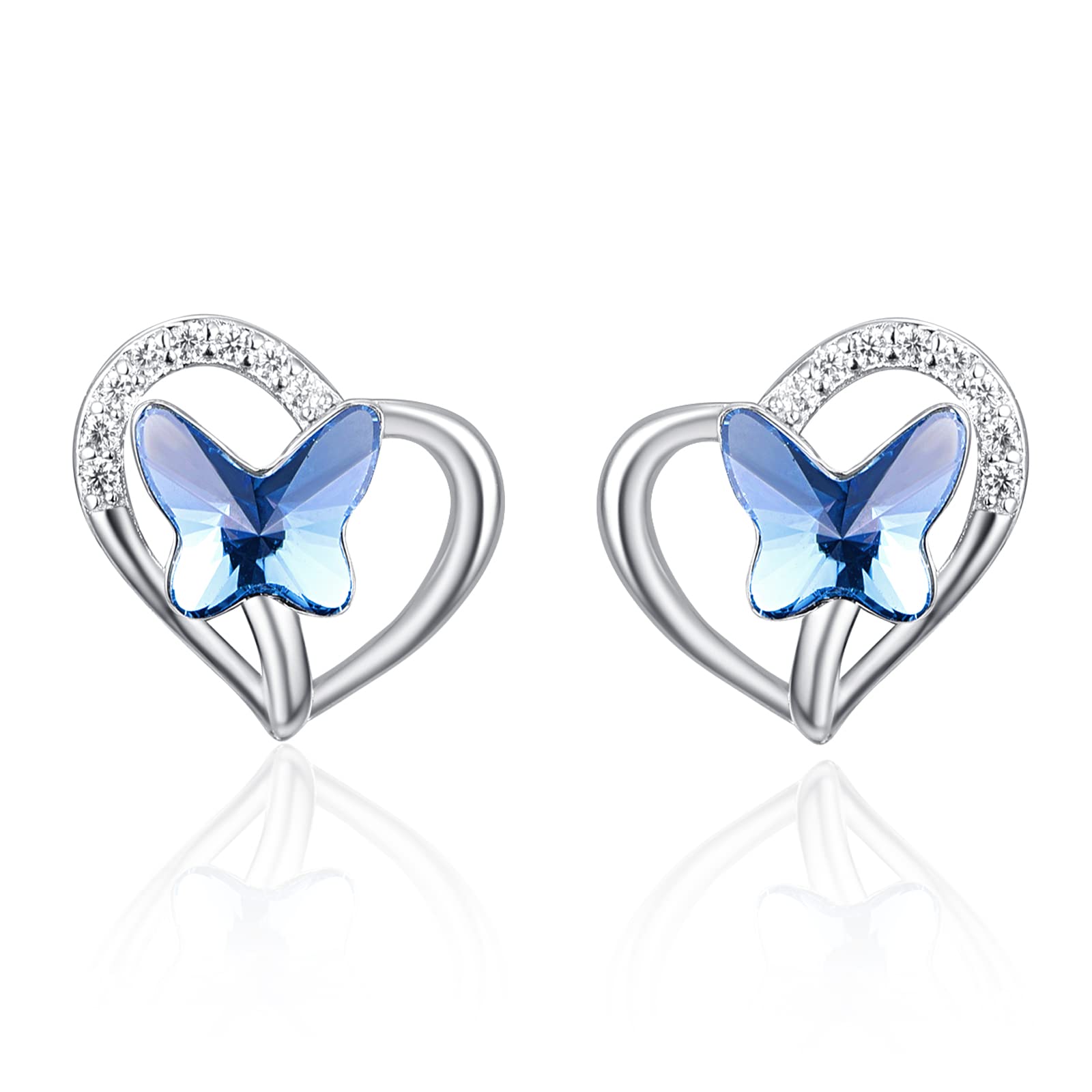KINGWHYTE Butterfly Heart Stud Earrings for Girls 925 Sterling Silver Heart Blue Crystals Butterfly Earrings Birthday Jewellery Gift