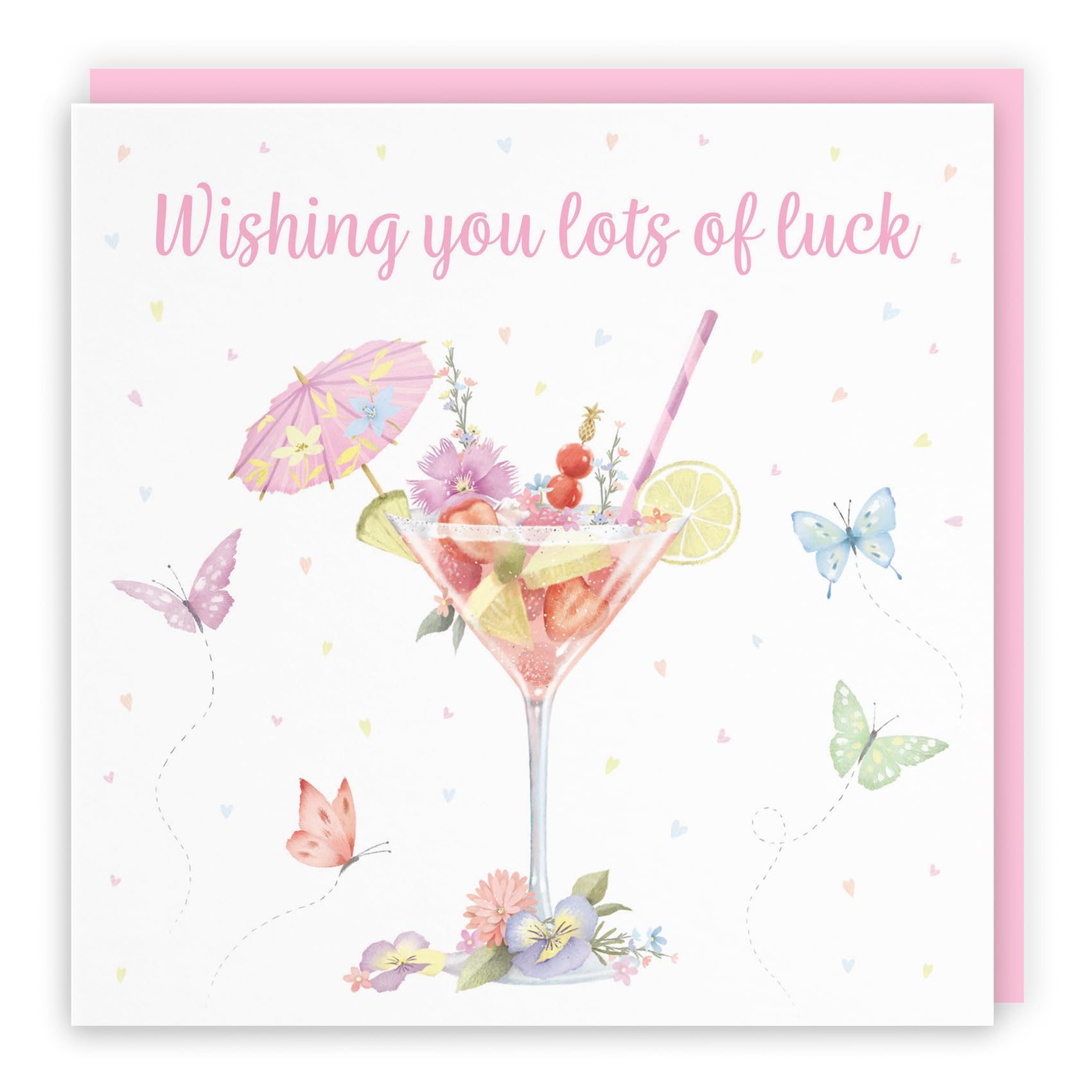 Hunts England - Pink Cocktail And Butterflies Good Luck Card For Her - Milo's Gallery - Female Card - Good Luck Card For Exams, Driving Test, New Job, Travelling, Moving, etc.