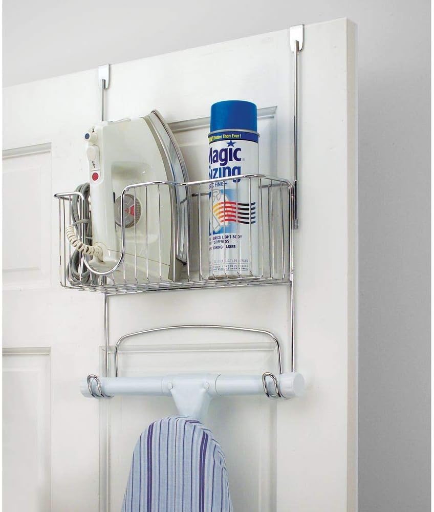 mDesign Metal Over The Door Ironing Board Holder with Large Storage Basket - Holds Iron, Board, Spray Bottles, Starch, Fabric Refresher - for Laundry, Utility Room, Garage - Chrome: Home & Kitchen