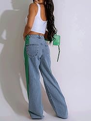 Angsuttc Wide Leg Denim Pants High Waist Patchwork