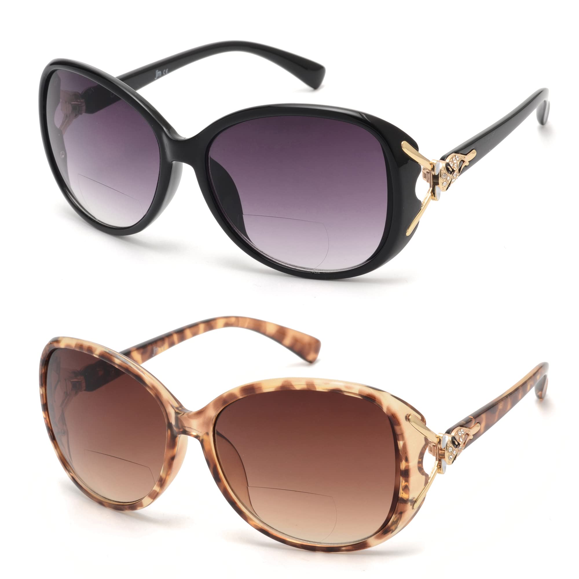 JM Classic Bifocal Reading Sunglasses for Women Vintage Reader Glasses Outdoor Black+Brown 1.25