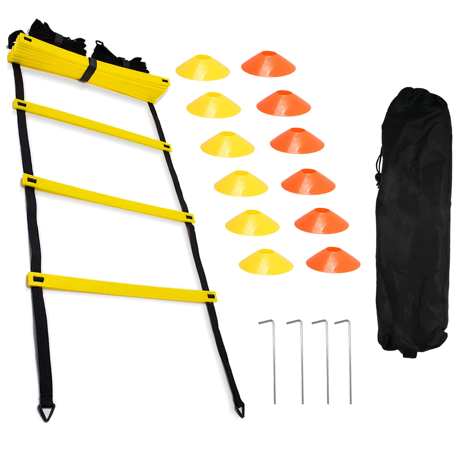 HUSZZM Football Cones Training Set Kids 12 Football Training Cones and 12 Rung 20Ft Agility Ladder with 4 Stakes and Carry Bag Football Training Equipment for Football Tennis Rugby Exercise Footwork