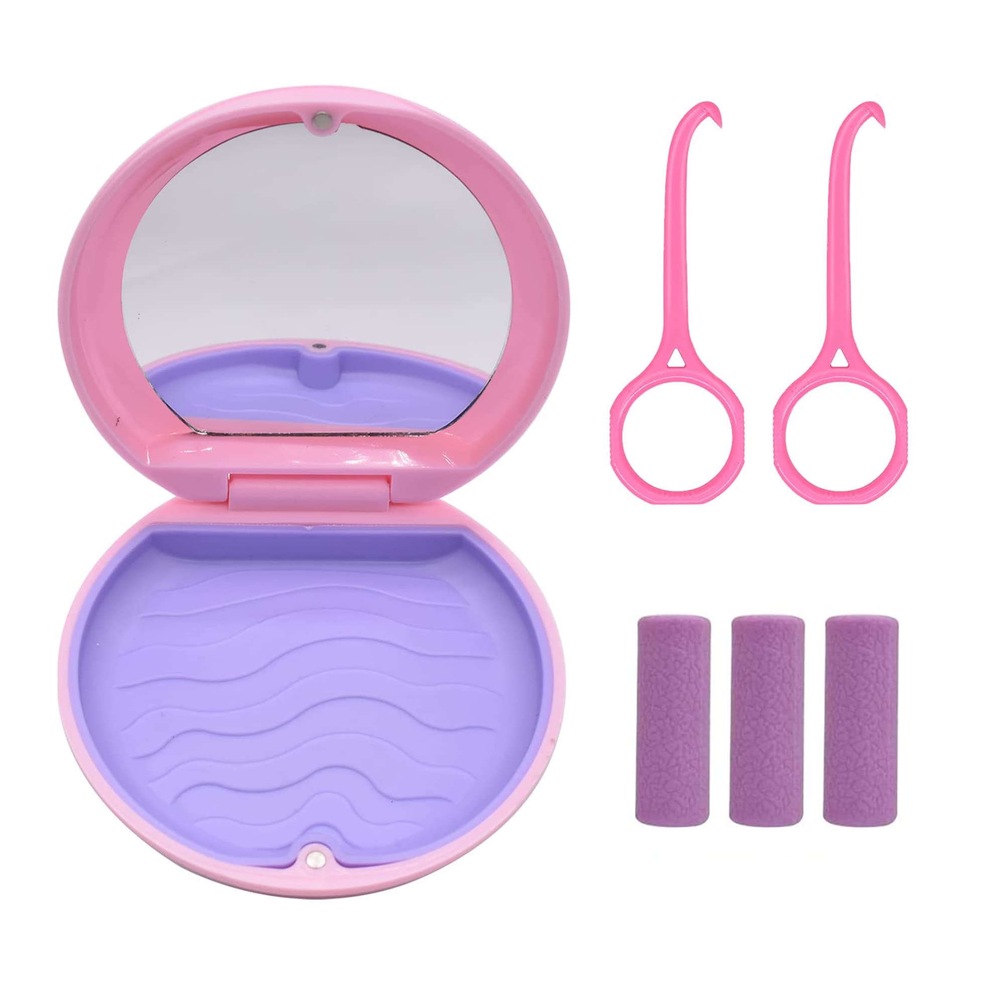 Pink Denture & Teeth Mouth Tray Retainer Box Sets Partial Denture Box with 2Pcs Aligner Removal Tool （Random Color）and 9Pcs Invisible Chewer (Random Color)