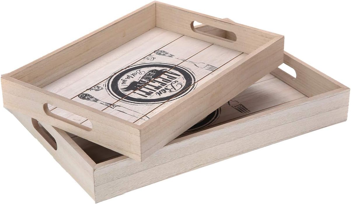 Faunlife Set of 2 Rustic Wooden Serving Trays with Cutout Handles for Breakfast, Bar, Coffee Table, White