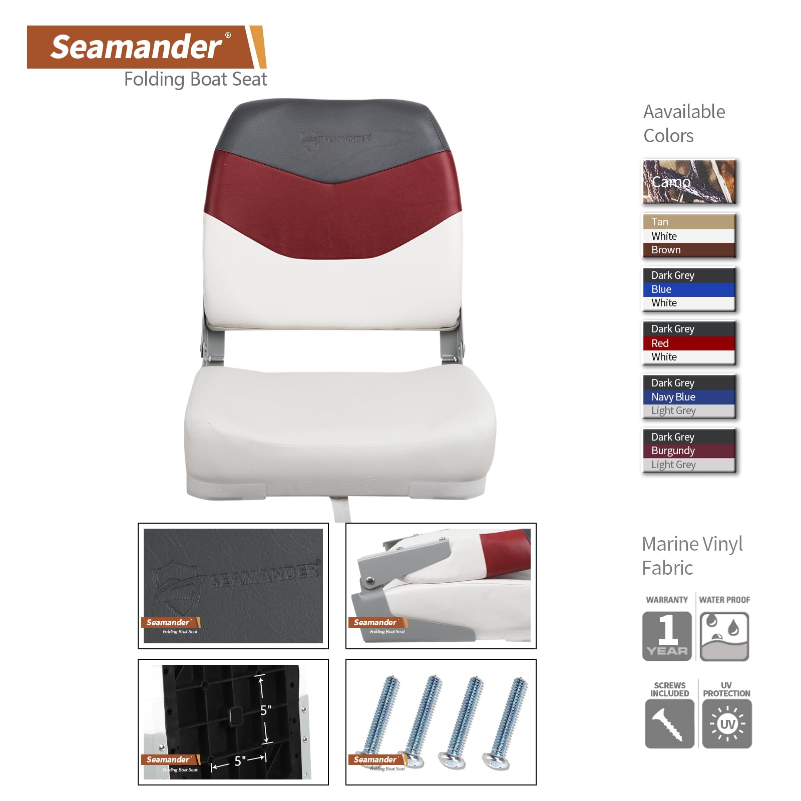 Condition photo showing As Is for seamander 2-pack 19"h boat seats,folding boat seats (white/red&dark grey) | stainless steel screws, aluminum hinges, for jon boats & fishing boats