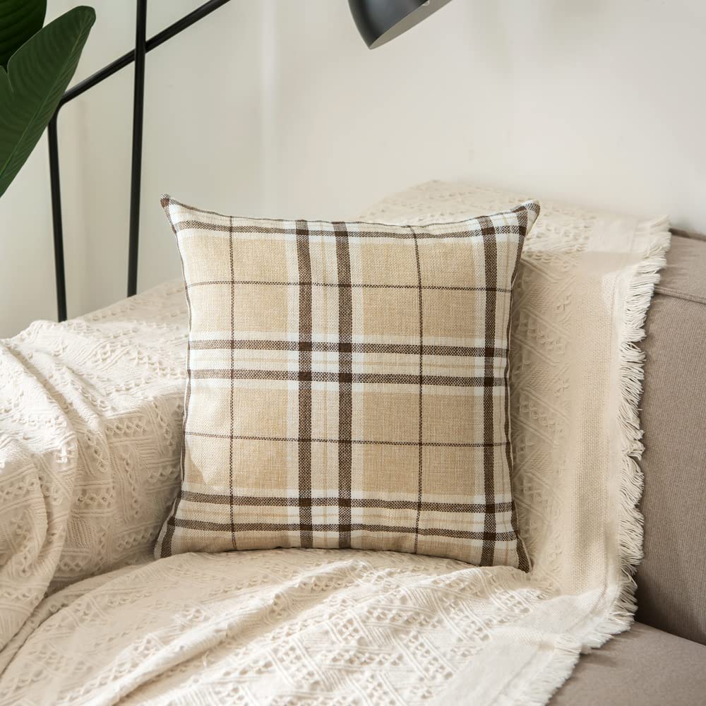 RKAAS HOME Pack of 4 Decorative Luxurious Tartan Check Square Cushion Cover for Living Room Sofa Couch Bed 45cm x 45cm 18x18 Inches (Pack of 4 - Beige)