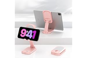 KDD Foldable Cell Phone Stand for Desk, with Makeup Mirror 2 in 1 Phone Holder Adjustable Angle Height Cellphone Cradle Desktop Dock Compatible for iPhone 14 Pro Max 13, 4-8'' Smartphone (Pink)
