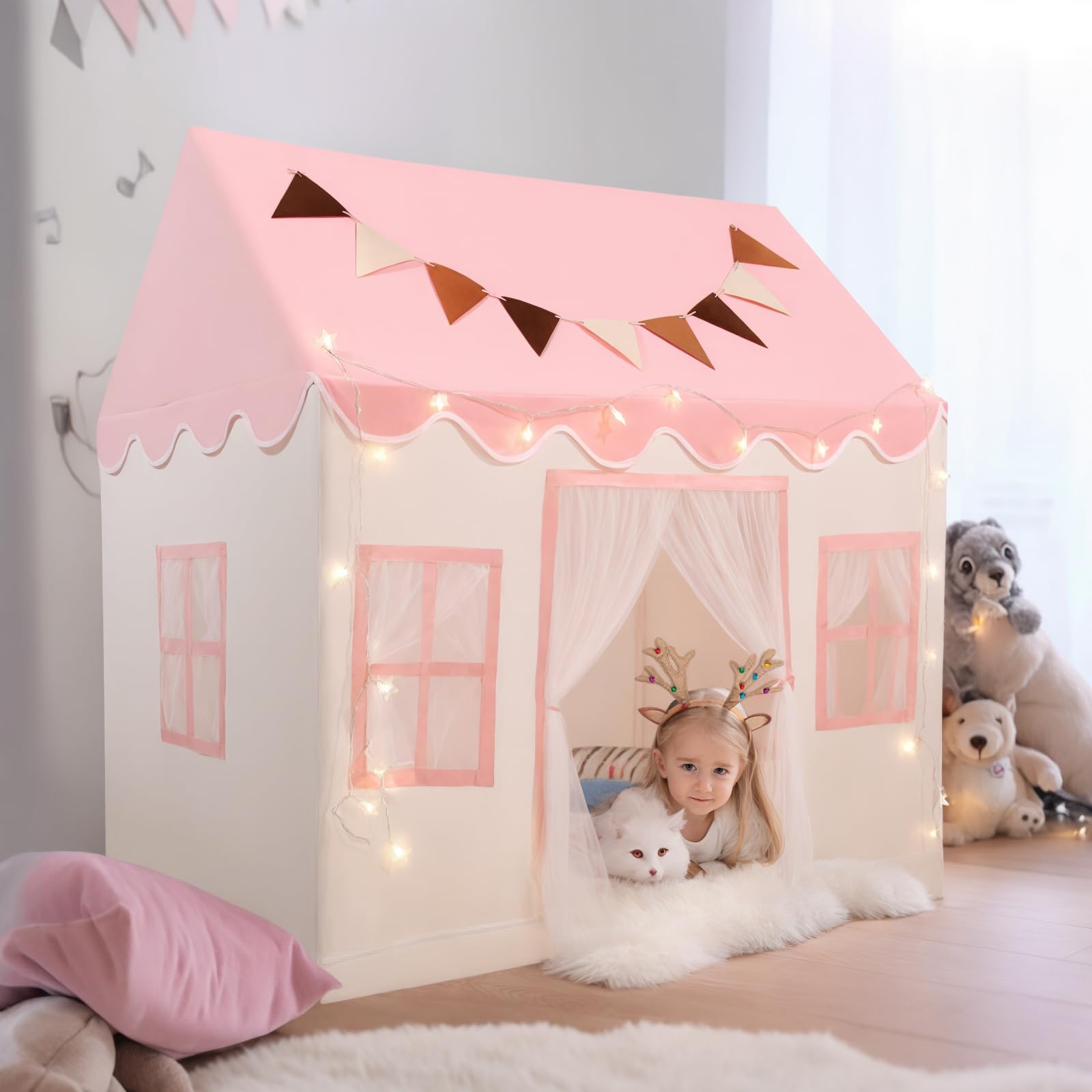 Photo 1 of Hopeseily Kids Play Tent with Non-Slip Mat, Star String, Decorating Flag, Machine Washable Large Playhouse, Indoor and Outdoor Play Tent for Kids, Pink, 47" x 40" x 52"