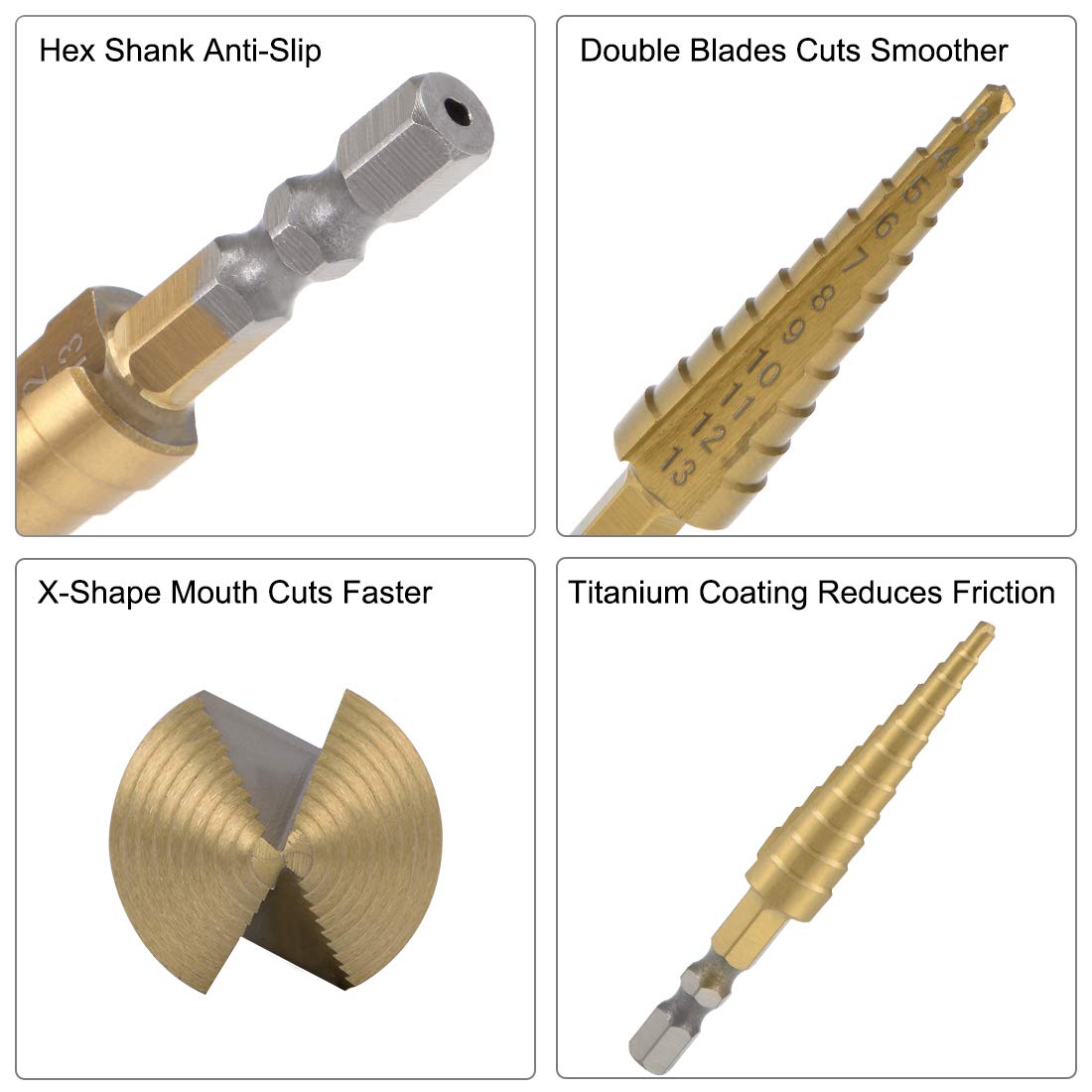 sourcing map Step Drill Bit HSS 3mm to 13mm 11 Sizes Titanium Coated Straight Flutes Hex Shank for Metal Wood Plastic - Image 4